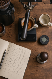 An overhead espresso workstation with a portafilter, compact scale displaying beverage mass, timer, grinder adjustment collar, and an open dialing-in notebook beside two espresso cups.: Visually captures espresso dialing-in as a measured, hands-on tasting workflow rather than a search for a single magic number